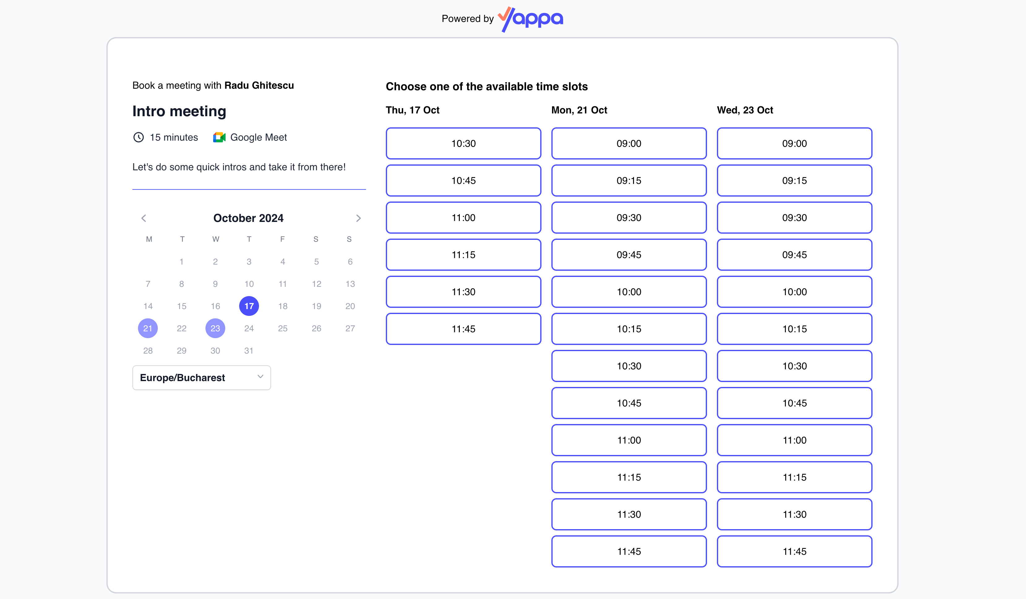 Screenshot of a booking link in Yappa